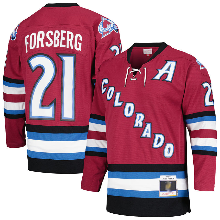 C.Avalanche #21 Peter Forsberg Player Mitchell & Ness Maroon Captain Blue Line Hockey Jerseys