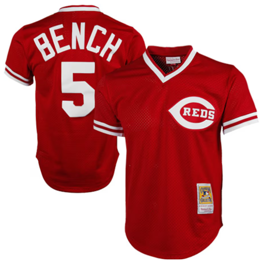 C.Reds #5 Johnny Bench Player Mitchell & Ness Red 1983 Cooperstown Collection Mesh Batting Practice Baseball Jerseys
