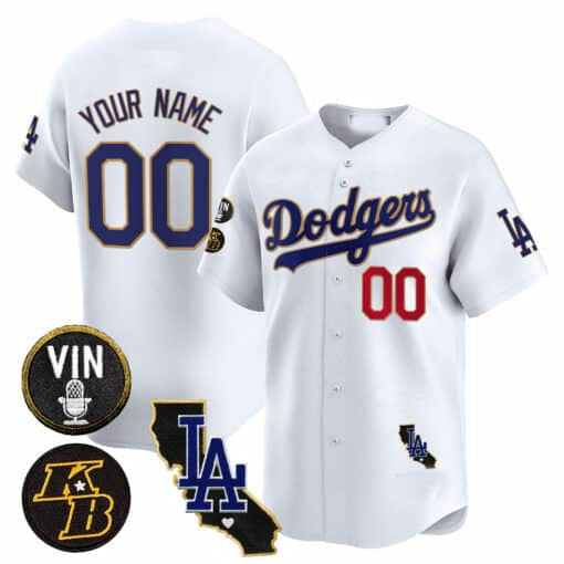 Custom LA.Dodgers Vin Patch & Kobe Bryant Gold Trim Vapor Premier Limited V2 Stitched Baseball Jerseys