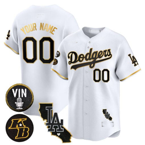Custom LA.Dodgers Vin Patch & Kobe Bryant Gold Trim Vapor Premier Limited V2 Stitched Baseball Jerseys