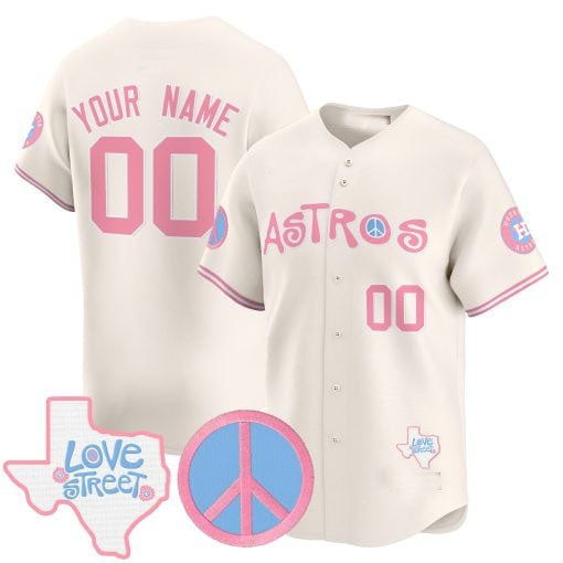 Custom H.Astros Love Street & Peace Sign Patch Bubblegum Pink Vapor Premier Limited Baseball Jerseys