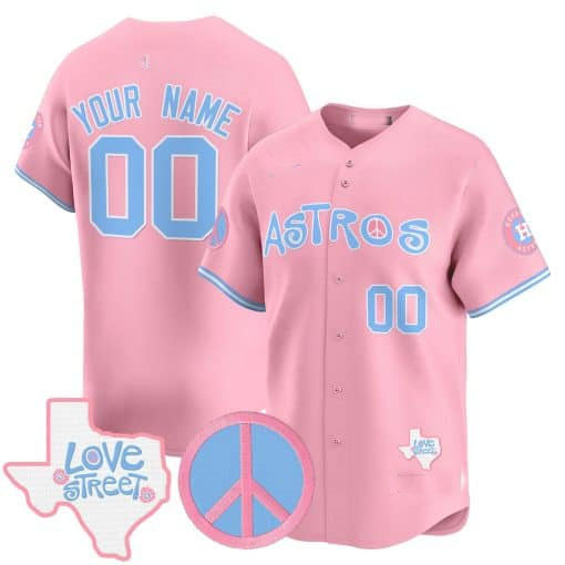 Custom H.Astros Love Street & Peace Sign Patch Bubblegum Pink Vapor Premier Limited Baseball Jerseys