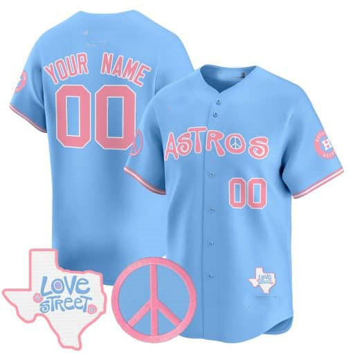 Custom H.Astros Love Street & Peace Sign Patch Bubblegum Pink Vapor Premier Limited Baseball Jerseys