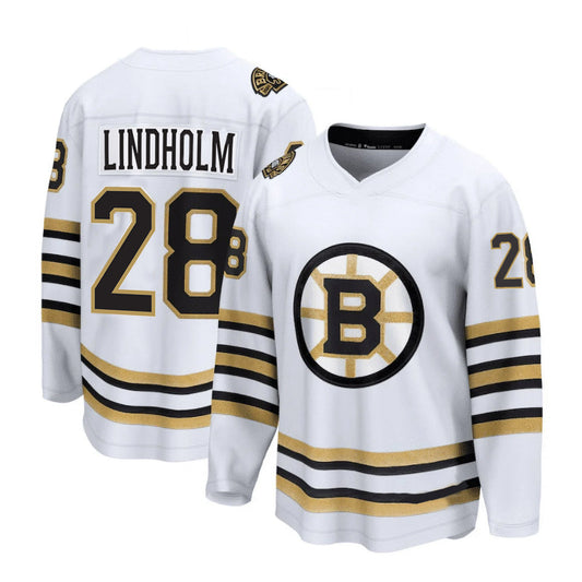 B.Bruins #28 Elias Lindholm Player Fanatics White Anniversary Breakaway Hockey Jerseys