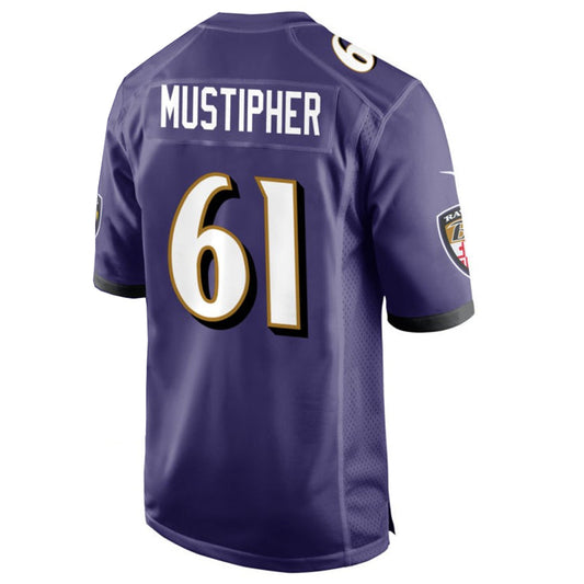 B.Ravens #61 Sam Mustipher Player Purple Home Game Football Jerseys