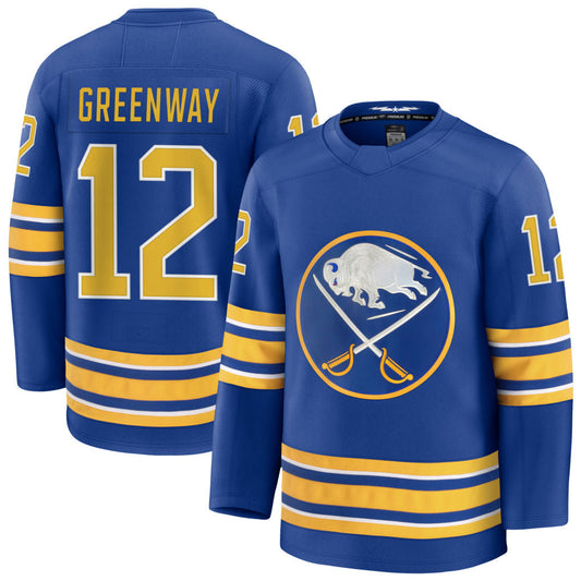 B.Sabres #12 Jordan Greenway Player Fanatics Home Premium Royal Hockey Jerseys