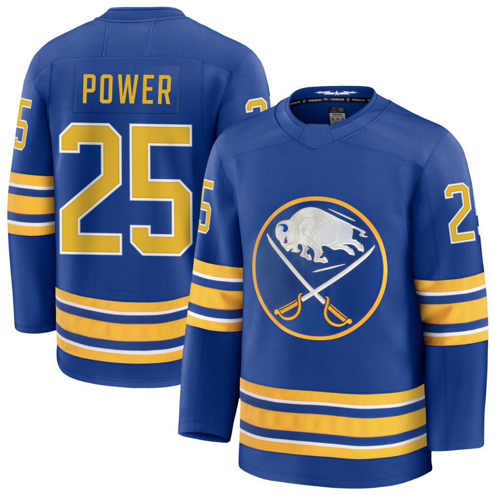 B.Sabres #25 Owen Power Player Fanatics Royal Home Premium Hockey Jerseys