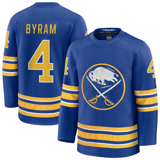 B.Sabres #4 Bowen Byram Player Fanatics Premium Home Royal Hockey Jerseys