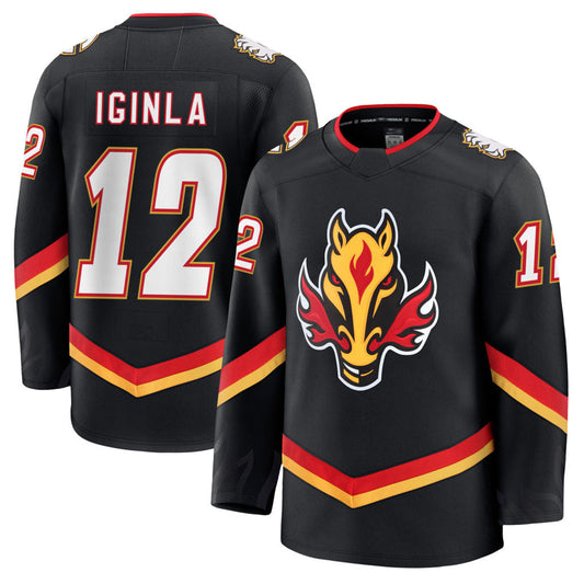 C.Flames #12 Jarome Iginla Player Fanatics Premium Black Stitched Hockey Jerseys