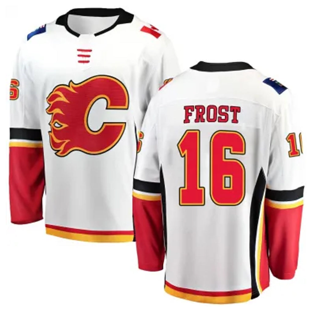 C.Flames #16 Morgan Frost Player Fanatics Breakaway White Stitched Home Hockey Jerseys