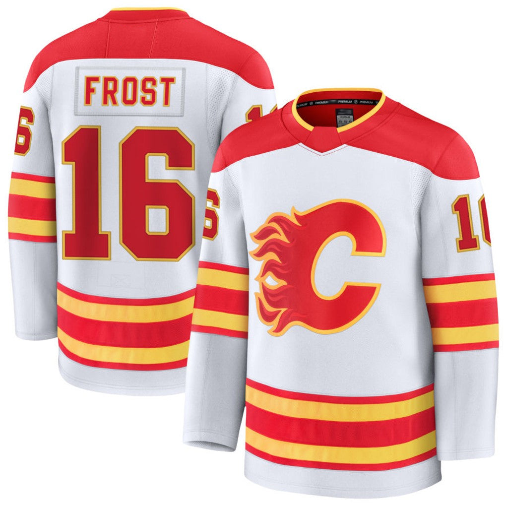 C.Flames #16 Morgan Frost Player Fanatics Premium Home White Hockey Jerseys