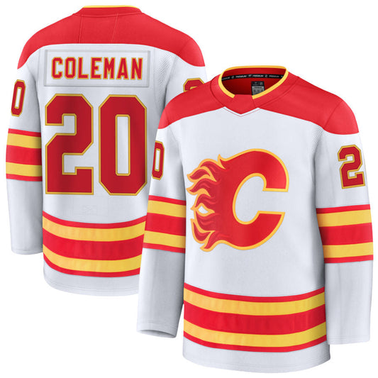 C.Flames #20 Blake Coleman Player Fanatics Away Premium White Hockey Jerseys