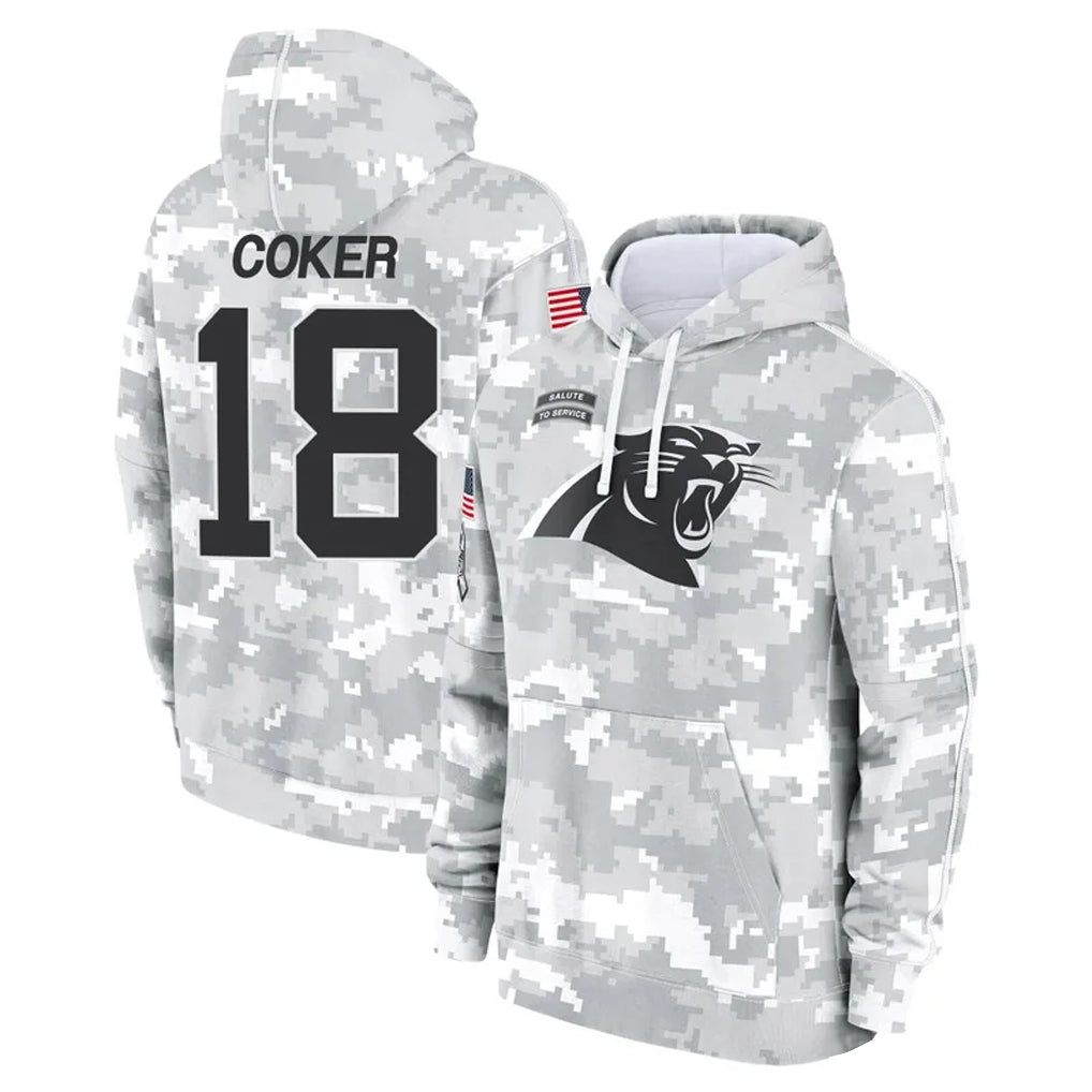 C.Panthers #18 Jalen Coker Player Arctic Camo Salute to Service Hoodies Football Jerseys