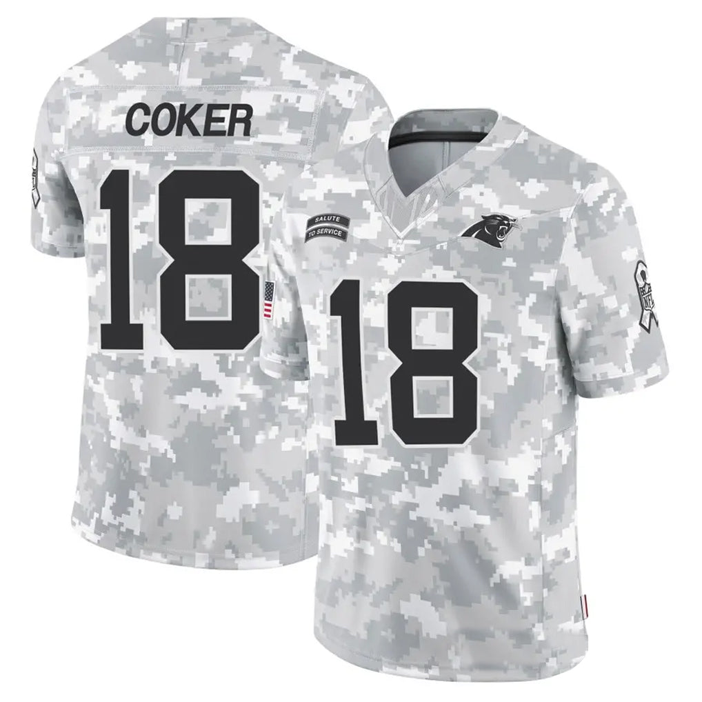 C.Panthers #18 Jalen Coker Player Arctic Camo Salute to Service Limited Football Jerseys