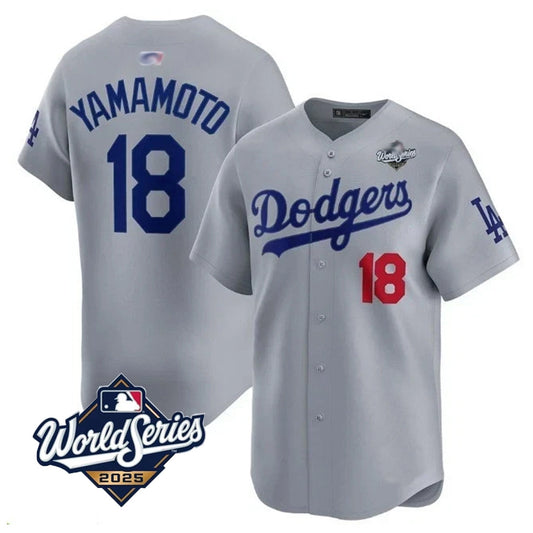 LA.Dodgers #18 Yoshinobu Yamamoto Player 2025 World Series Gray Home Game Baseball Jerseys