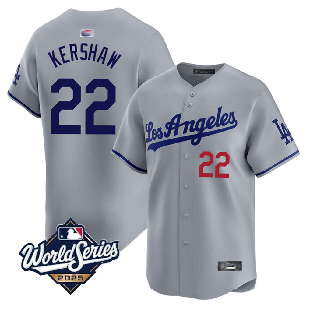 LA.Dodgers #22 Clayton Kershaw Player 2025 World Series Gray Home Game Baseball Jerseys