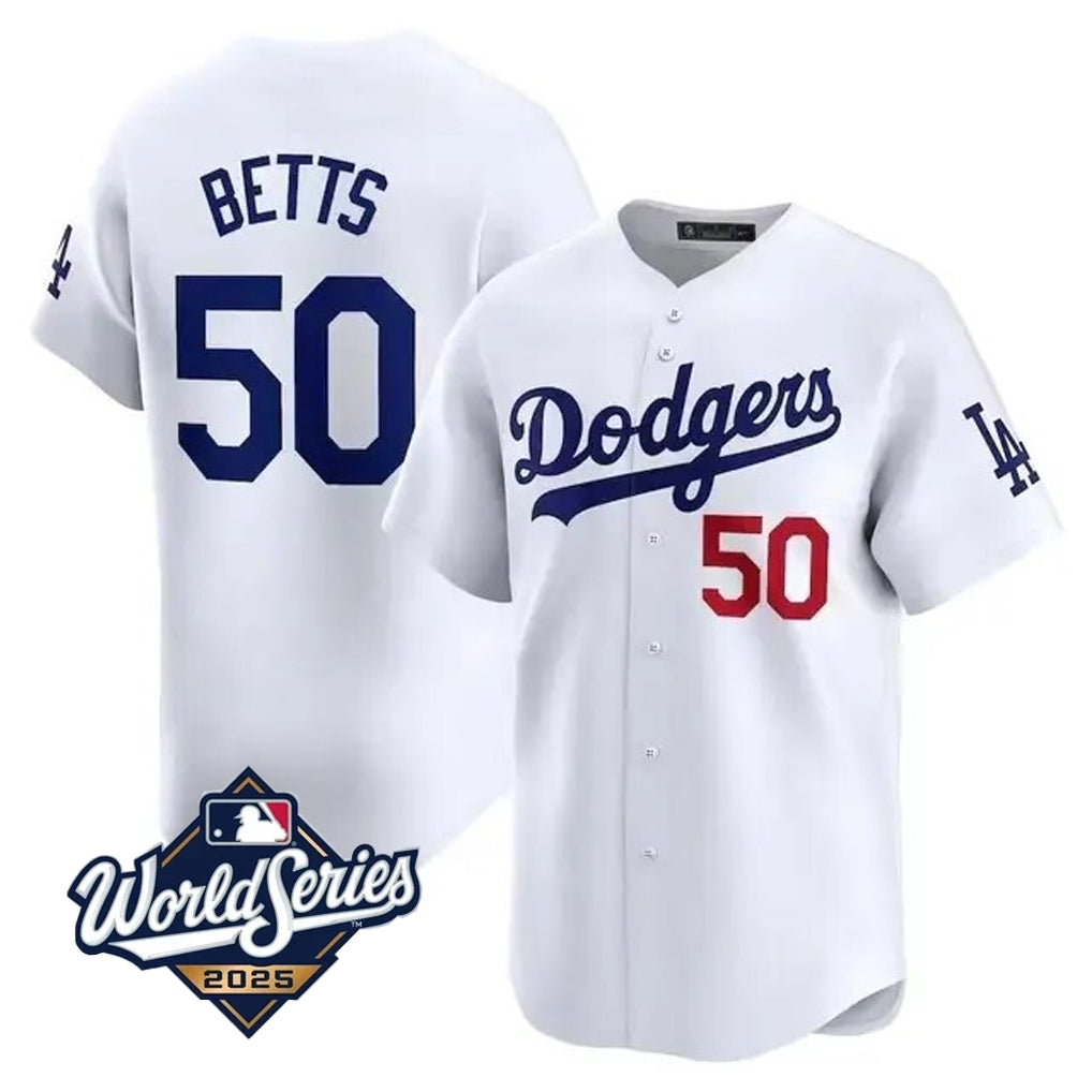 LA.Dodgers #50 Mookie Betts Player 2025 World Series White Home Game Baseball Jerseys