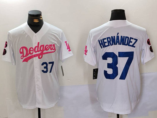 LA.Dodgers #37 Teoscar Hern¨¢ndez White Pink Stitched Baseball Jerseys Player Game Jersey