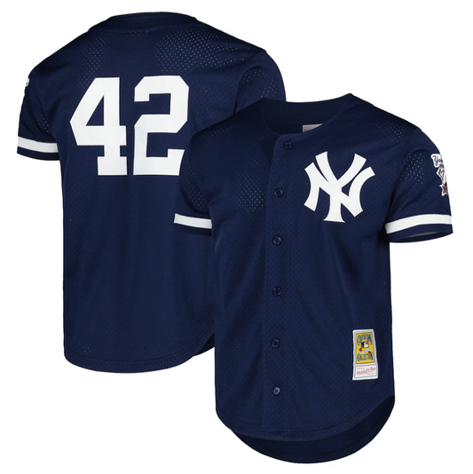 NY.Yankees #42 Mariano Rivera Navy Cooperstown Collection Mesh Batting Practice Button-Up Baseball Jerseys