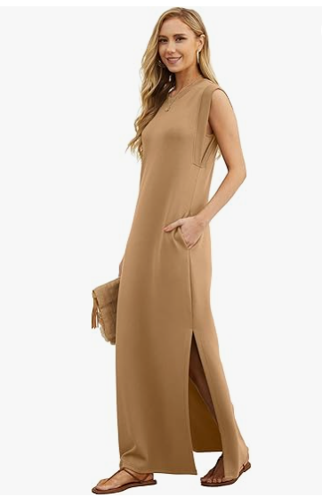 2025 Women Summer Round Neck Casual Loose Split Wrinkle-Free Long Maxi Beach Dress with Pockets (XS-3XL)