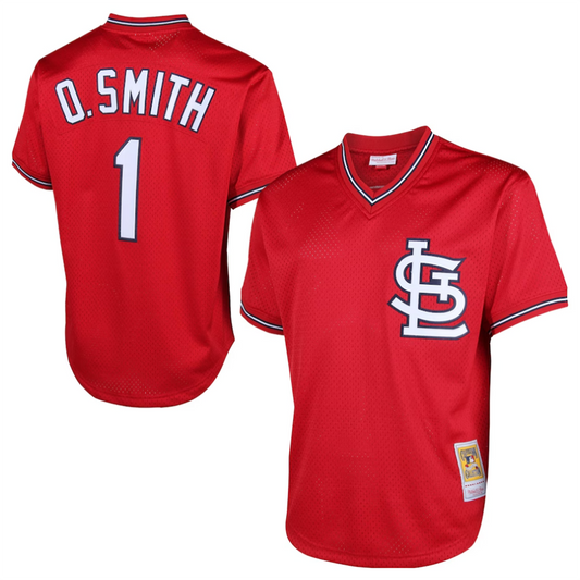 St.Louis Cardinals #1 Ozzie Smith Player Mitchell & Ness Red Cooperstown Mesh Batting Practice Baseball Jerseys