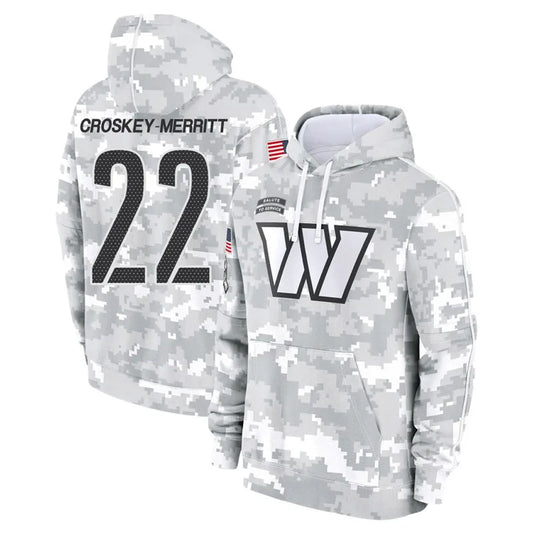 W.Commanders #22 Jacory Croskey-Merritt Player Arctic Camo Salute to Service Hoodies Football Jerseys