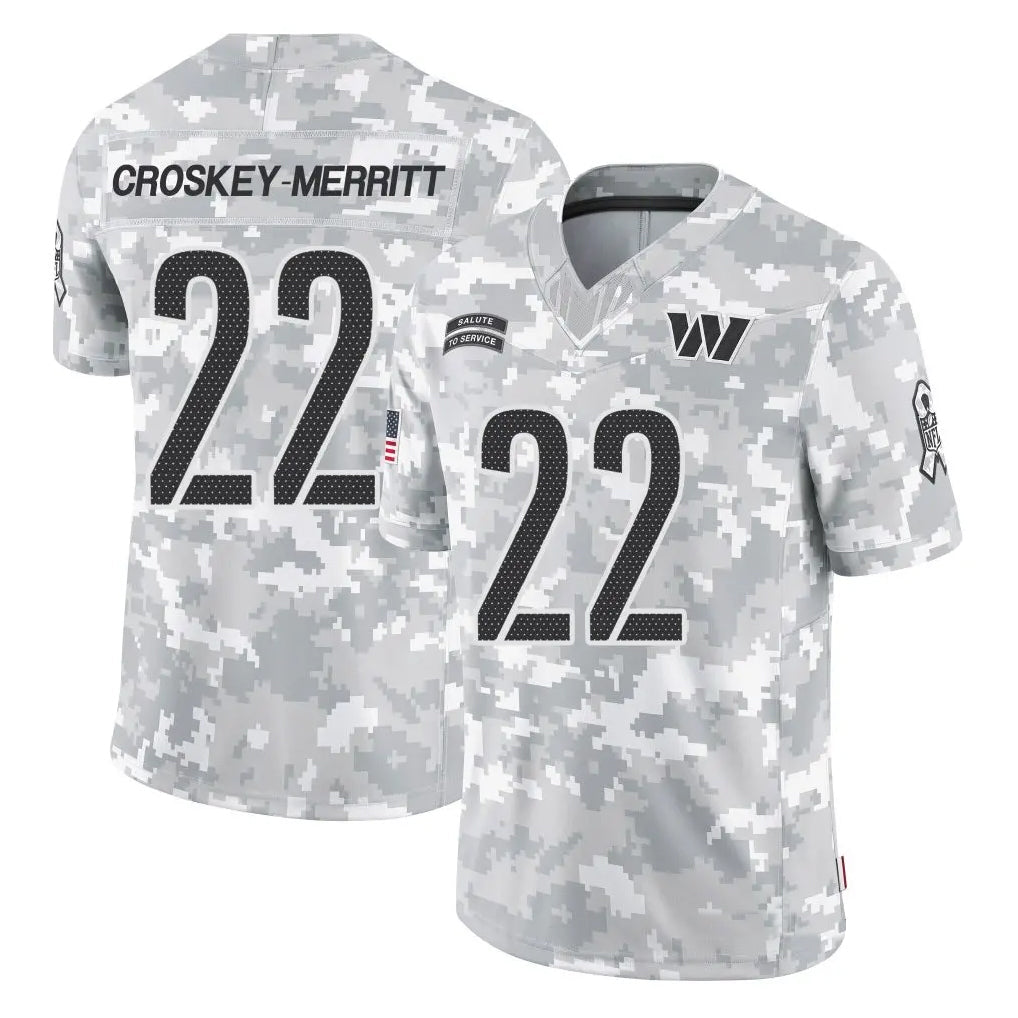 W.Commanders #22 Jacory Croskey-Merritt Player Arctic Camo Salute to Service Limited Football Jerseys
